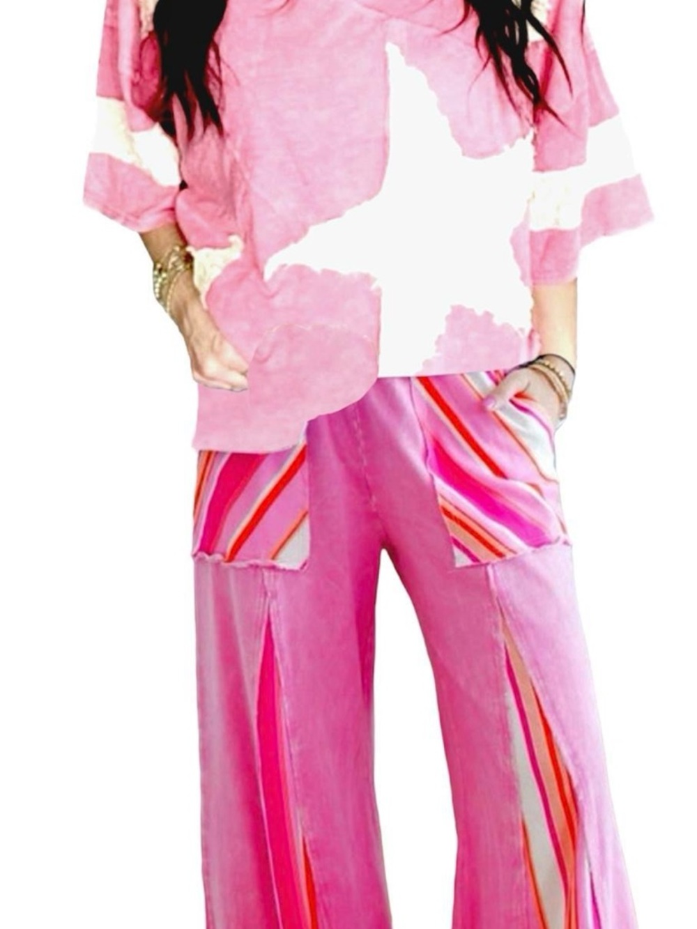 J.her pink mineral washed wide leg striped pants & oversized star patch top - Picture 9 of 9